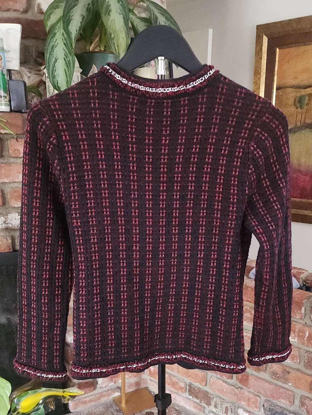 Alice + Olivia Tweed Knit Jacket Burgundy Black Fringe Trim Open Front Blazer - Picture 5 of 12